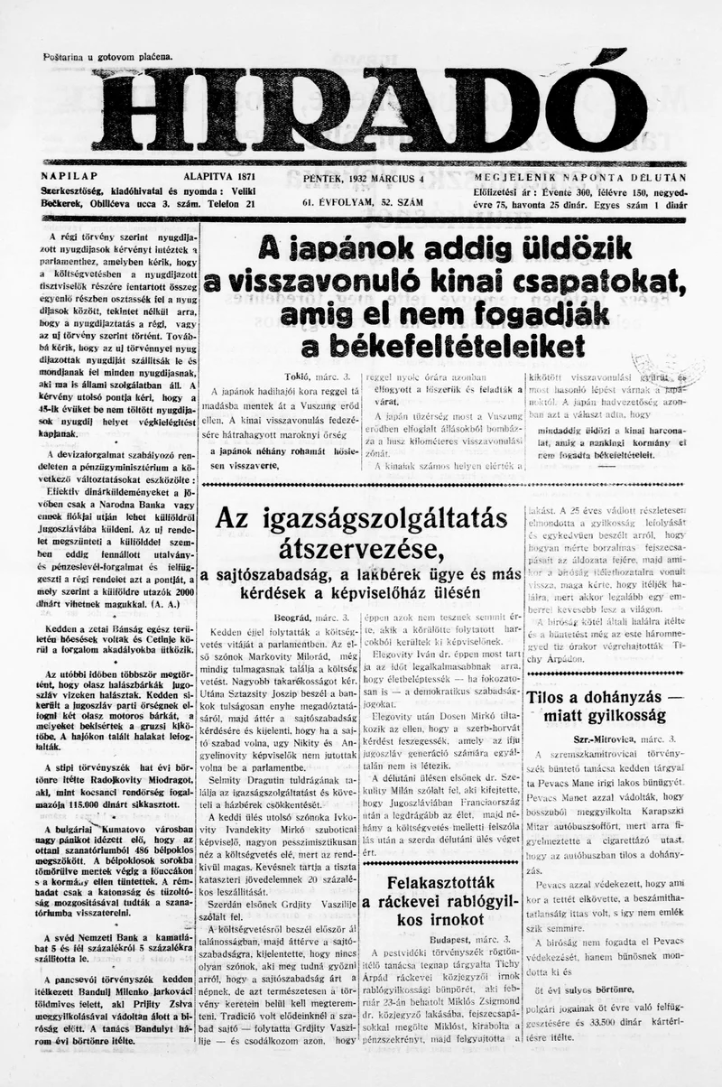 Híradó, 61. évf. 1932. március 4. 52. sz.