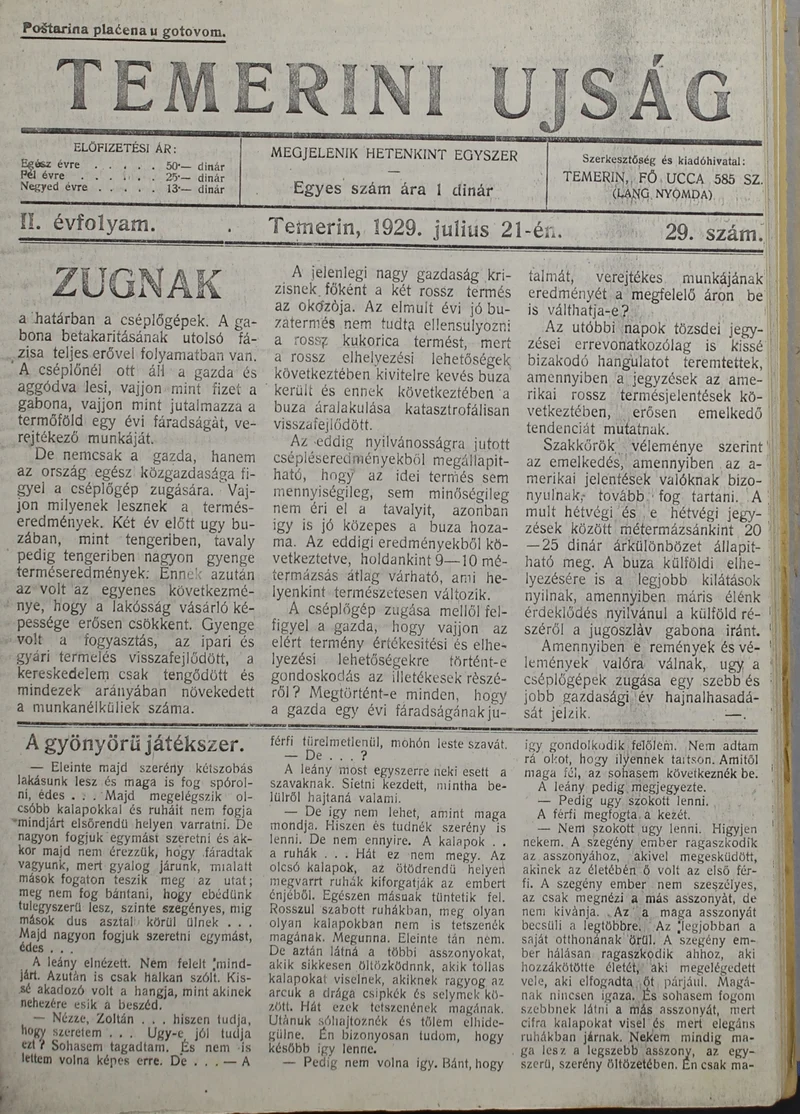 Temerini Újság 1928-1944, 2. évf. 1929. július 21. 29. sz.