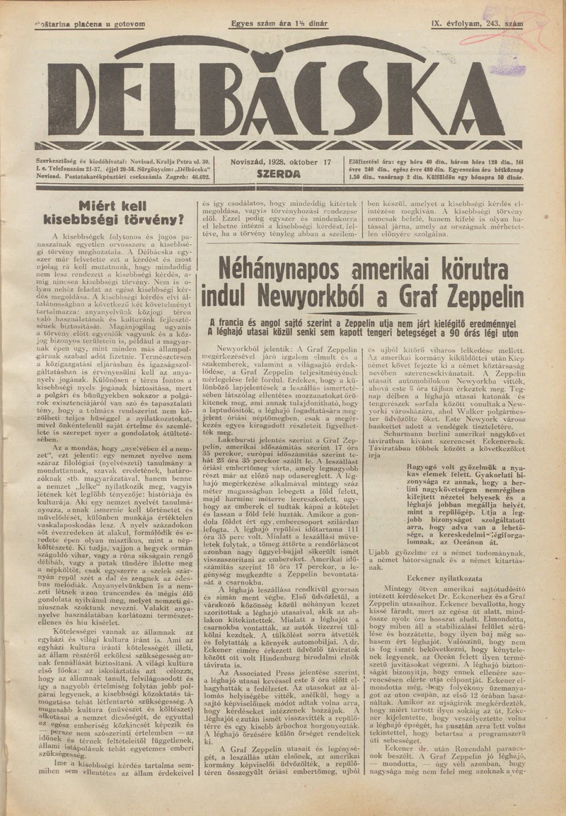 Délbácska, 9. évf. 1928. október 17. 243. sz.