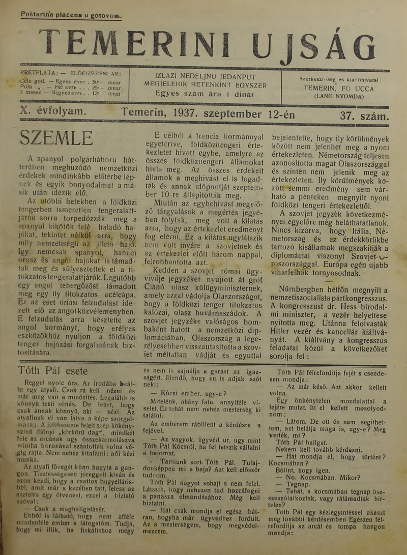 Temerini Újság 1928-1944, 10. évf. 1937. szeptember 12. 37. sz.
