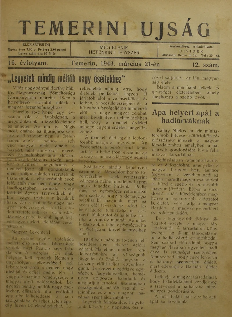 Temerini Újság 1928-1944, 16. évf. 1943. március 21. 12. sz.