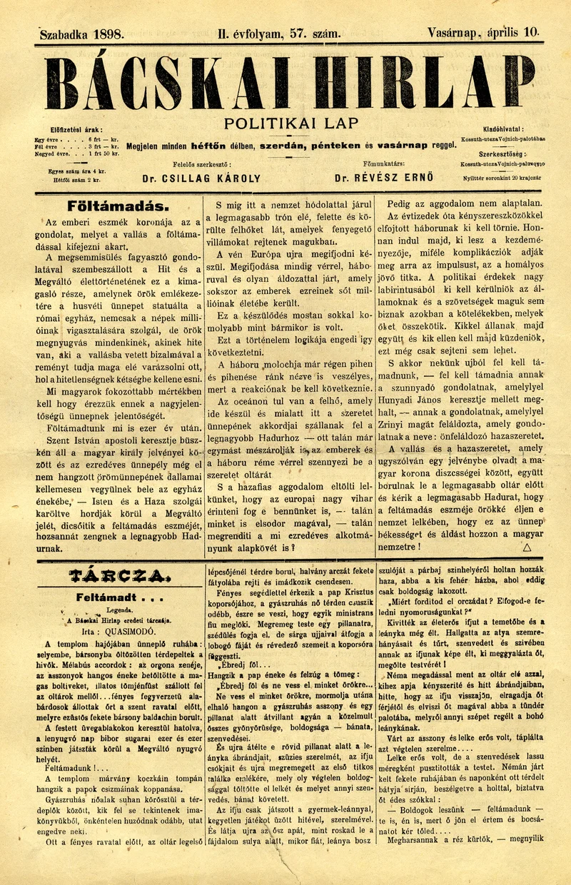 Bácskai Hirlap, 2. évf. 1898. április 10. 57. sz. 1–8. oldal