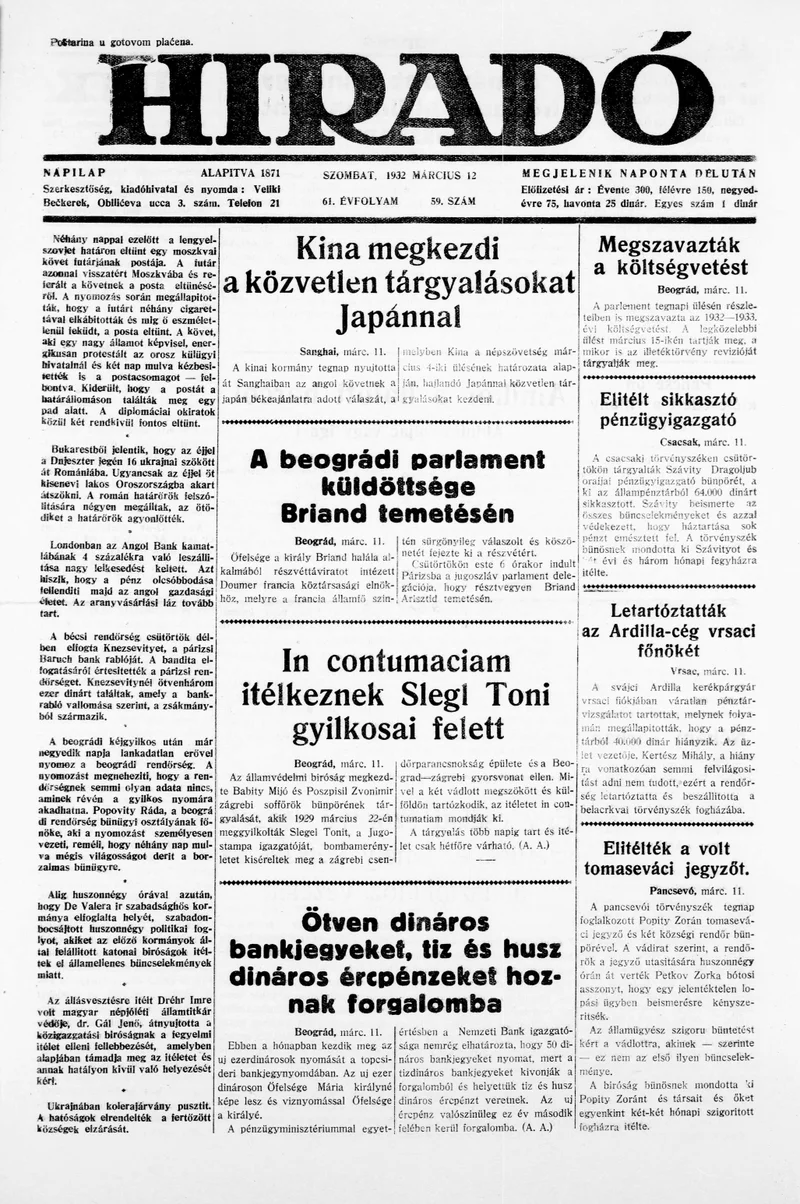 Híradó, 61. évf. 1932. március 12. 59. sz.