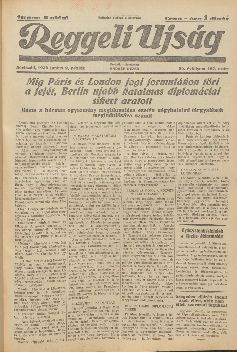 Reggeli Újság, 20. évf. 1939. június 9. 157. sz.