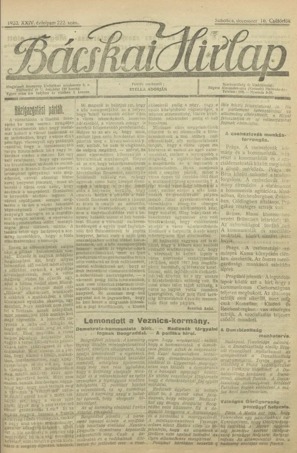 Bácskai Hirlap, 24. évf. 1920. december 16. 222. sz.