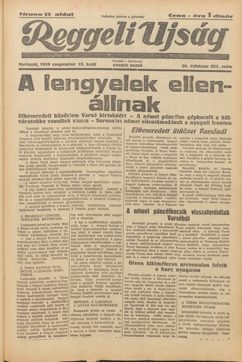 Reggeli Újság, 20. évf. 1939. szeptember 12. 251. sz.