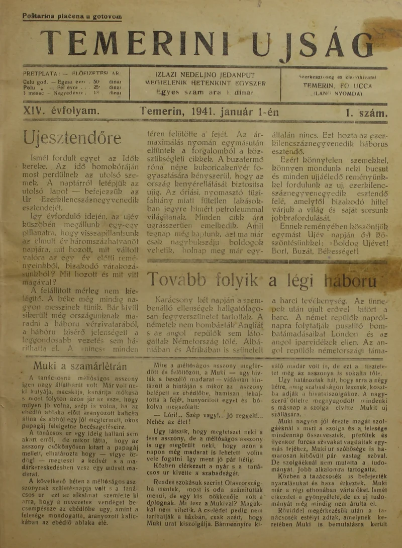 Temerini Újság 1928-1944, 14. évf. 1941. január 1. 1. sz.