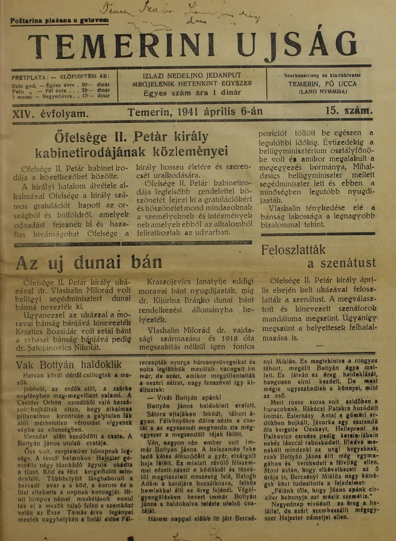 Temerini Újság 1928-1944, 14. évf. 1941. április 6. 15. sz.