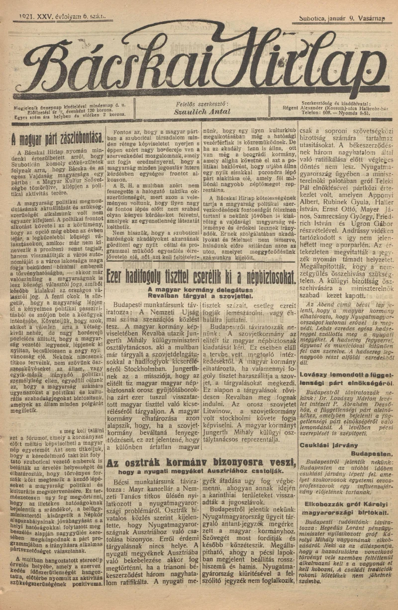 Bácskai Hirlap, 25. évf. 1921. január 9. 6. sz.