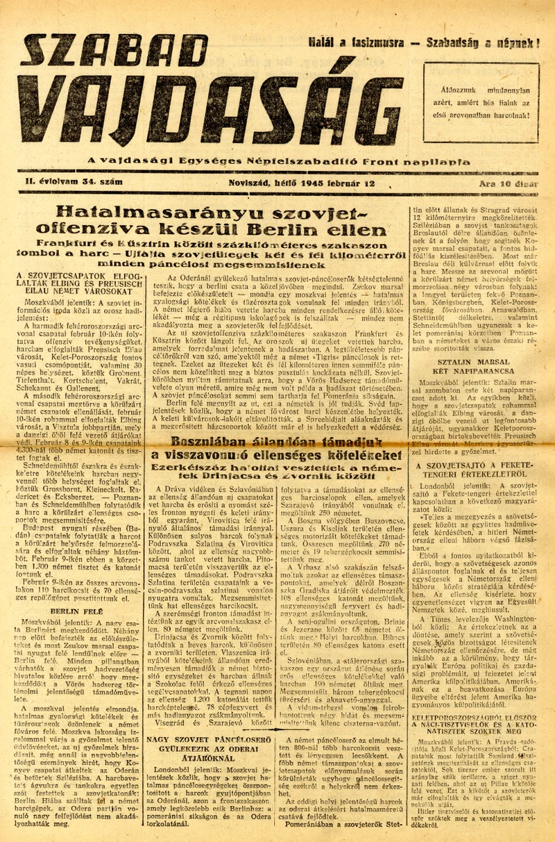 Szabad Vajdaság, 2. évf. 1945. február 12. 34. sz.