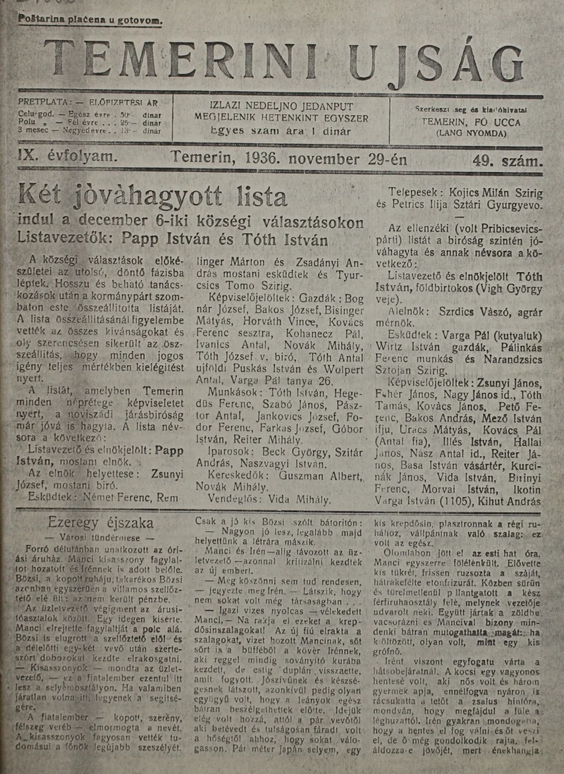 Temerini Újság 1928-1944, 9. évf. 1936. november 29. 49. sz.