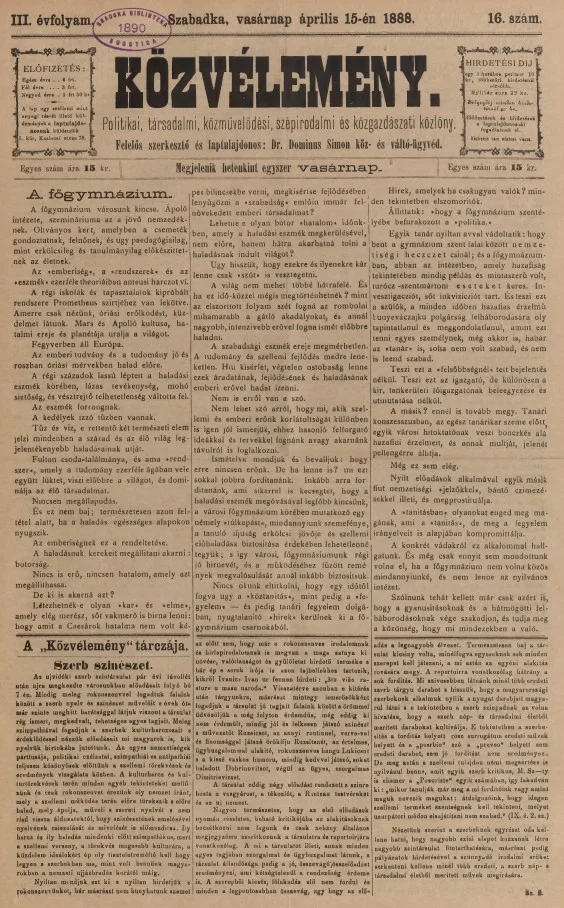 Közvélemény, 3. évf. 1888. április 15. 16. sz.