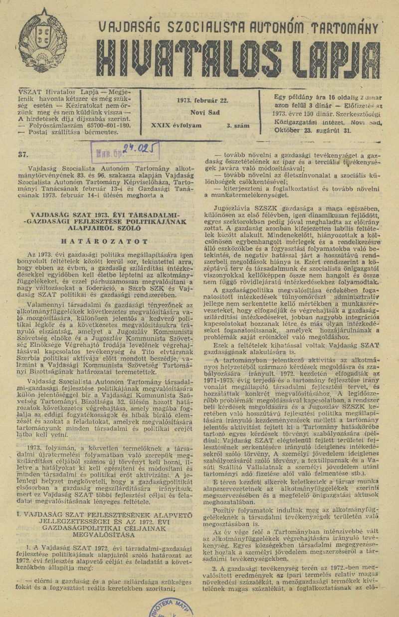 Vajdaság Szocialista Autonóm Tartomány Hivatalos Lapja, 29. évf. 1973. február 22. 3. sz. 25–36. oldal