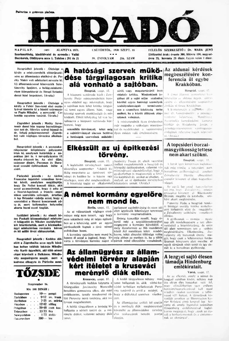 Híradó, 59. évf. 1930. szeptember 18. 216. sz.