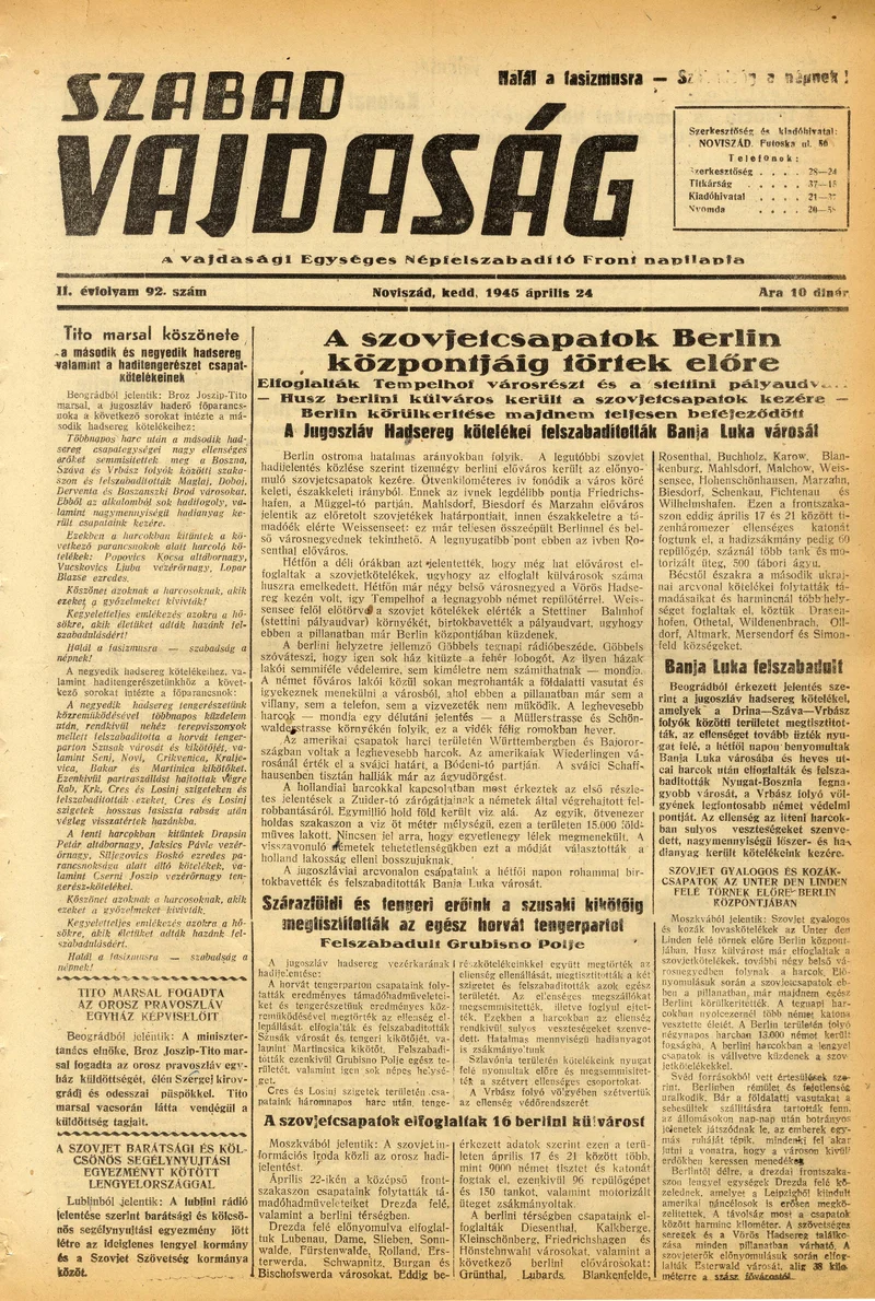 Szabad Vajdaság, 2. évf. 1945. április 24. 92. sz.