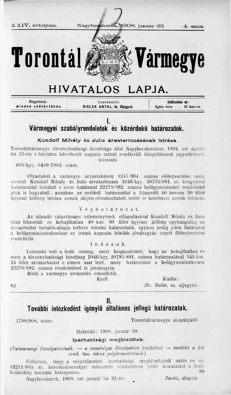 Torontál Vármegye Hivatalos Lapja, 24. évf. 1908. január 23. 4. sz.