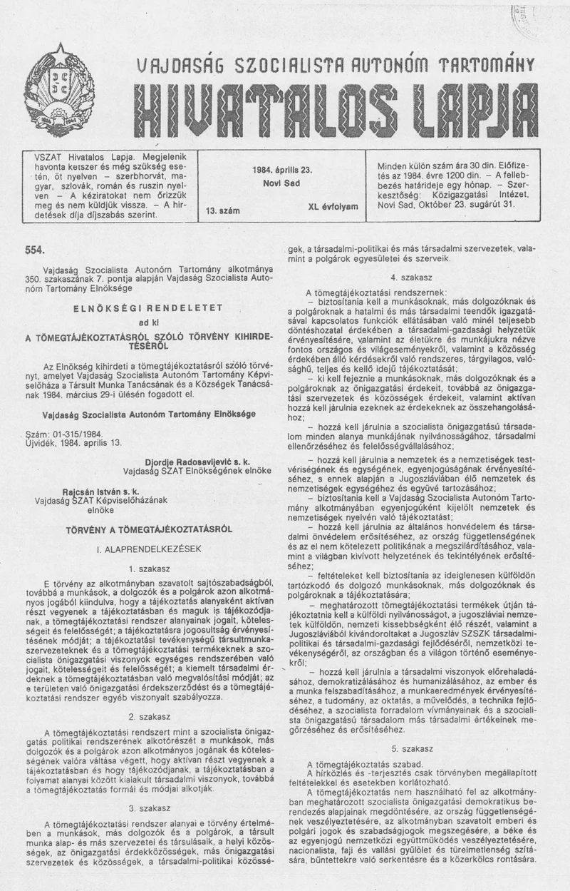 Vajdaság Szocialista Autonóm Tartomány Hivatalos Lapja, 40. évf. 1984. április 23. 13. sz.