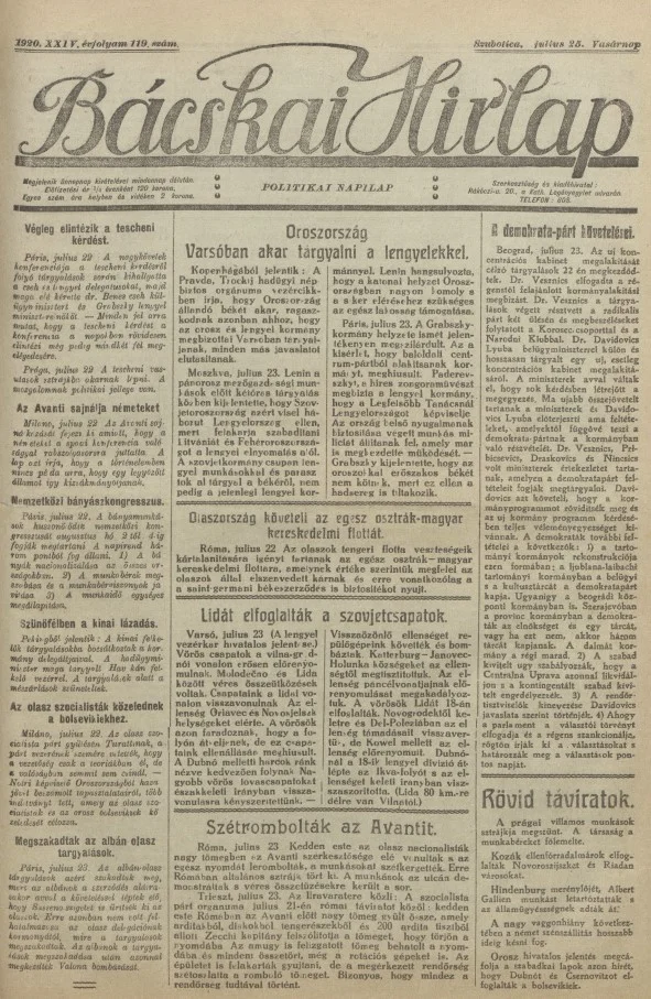 Bácskai Hirlap, 24. évf. 1920. július 25. 119. sz.