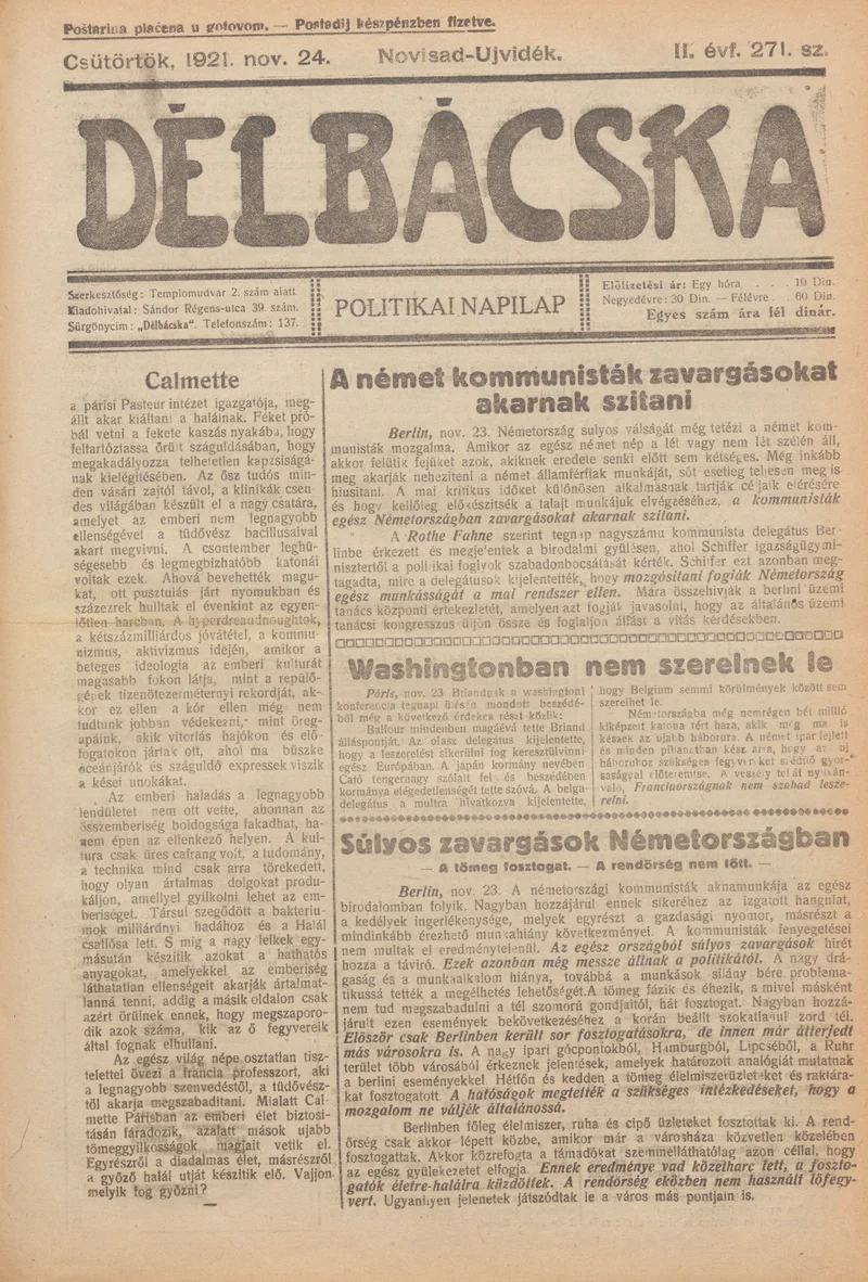 Délbácska, 2. évf. 1921. november 24. 271. sz.