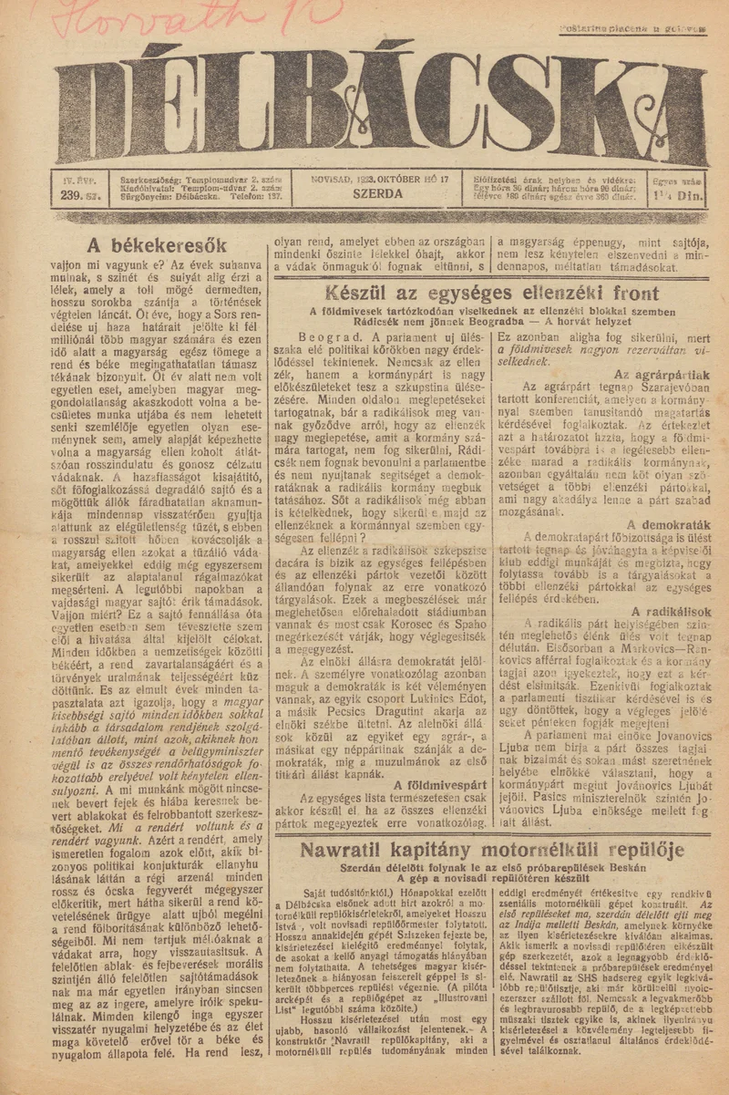 Délbácska, 4. évf. 1923. október 17. 239. sz.