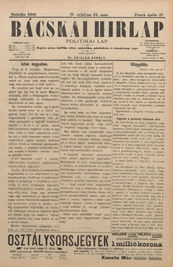 Bácskai Hirlap, 4. évf. 1900. április 27. 64. sz.