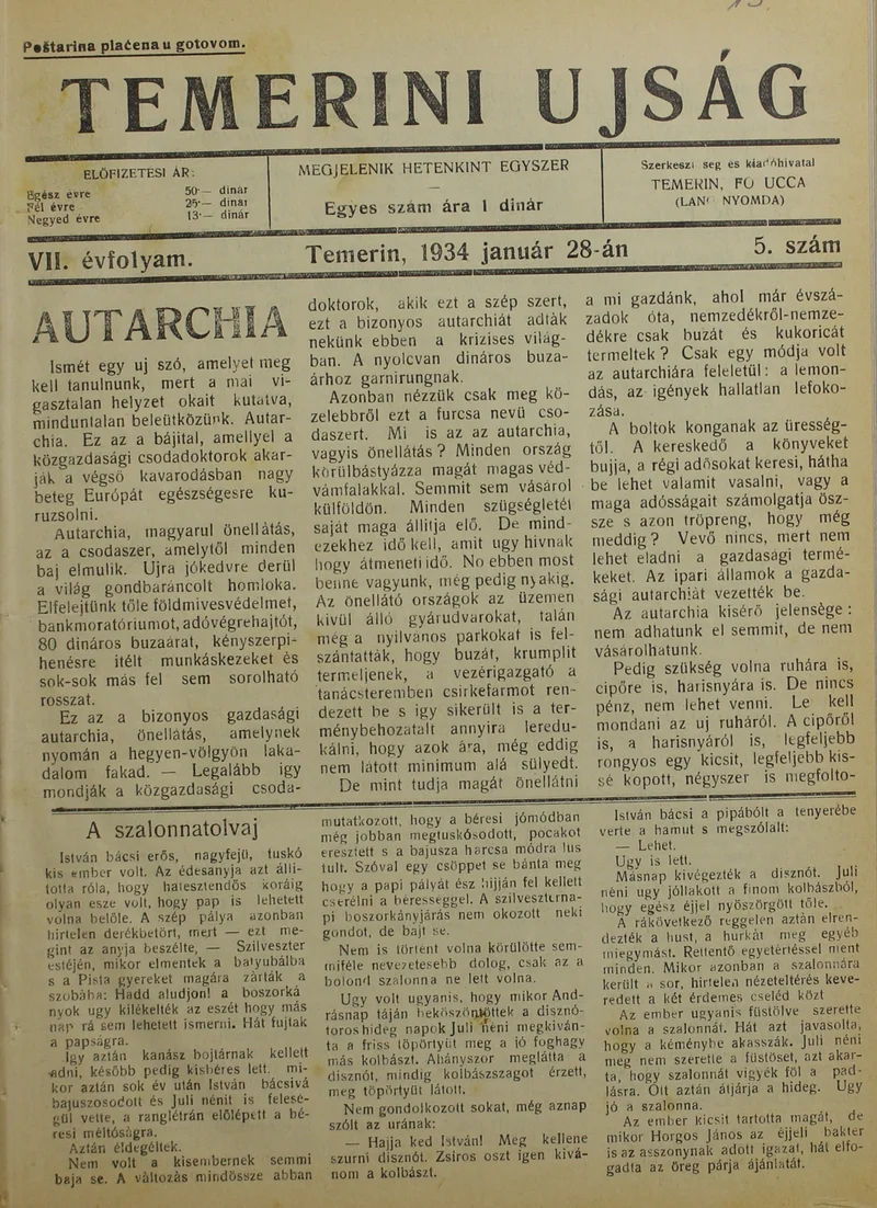 Temerini Újság 1928-1944, 7. évf. 1934. január 28. 5. sz.
