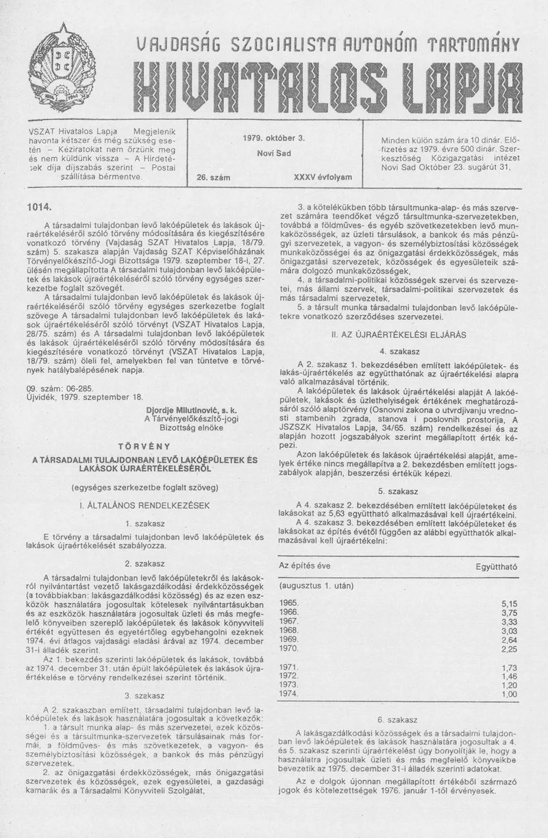 Vajdaság Szocialista Autonóm Tartomány Hivatalos Lapja, 35. évf. 1979. október 3. 26. sz. 1165–1180. oldal