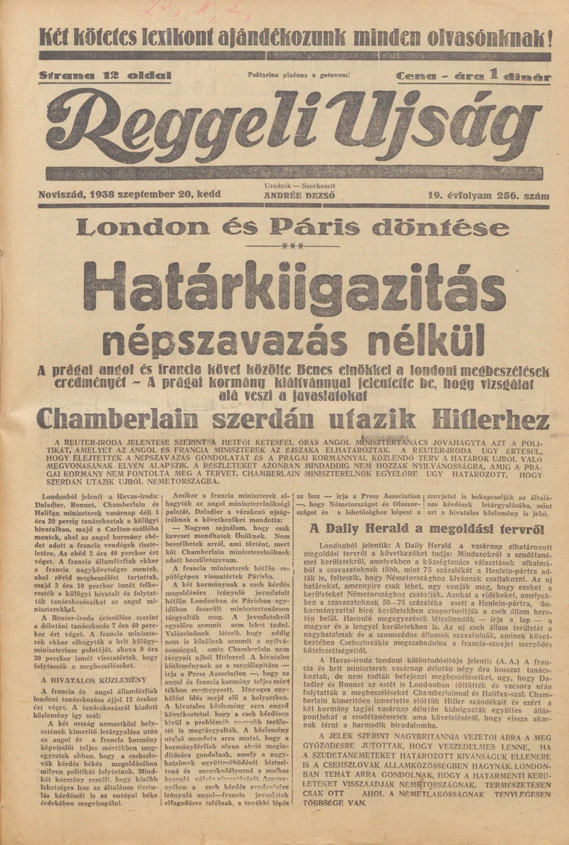 Reggeli Újság, 19. évf. 1938. szeptember 20. 256. sz.