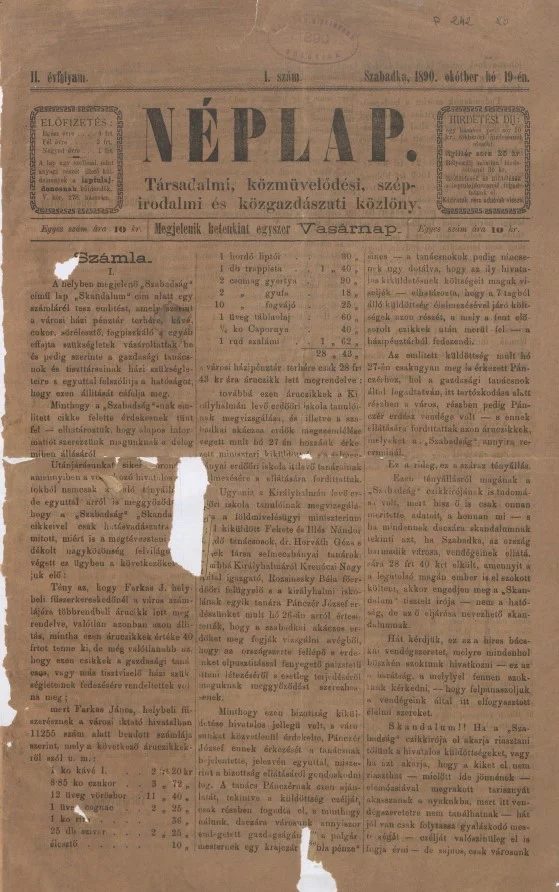 Néplap, 4. évf. 1890. október 19. 1. sz.
