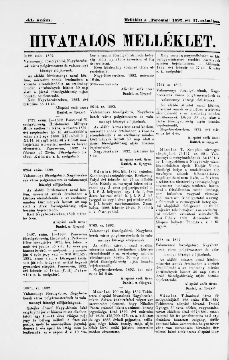 A Totontál  hivatalos melléklete, 5. évf. 1892. március 21. 41. sz.