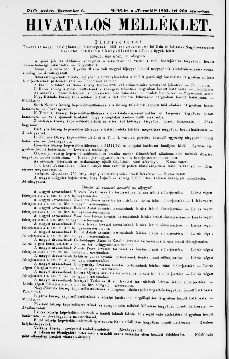 A Totontál  hivatalos melléklete, 5. évf. 1892. december 6. 219. sz.