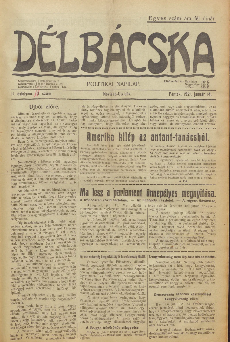 Délbácska, 2. évf. 1921. január 14. 11. sz.