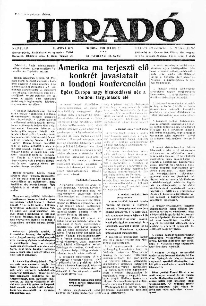 Híradó, 60. évf. 1931. július 22. 166. sz.