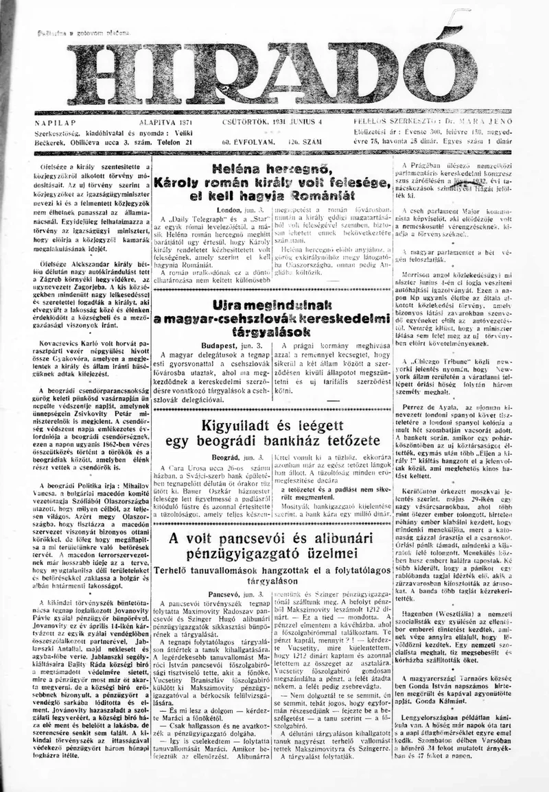 Híradó, 60. évf. 1931. június 4. 126. sz.