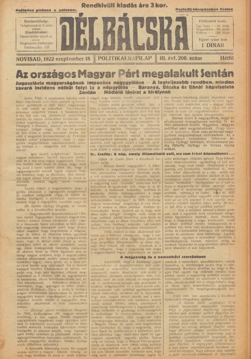 Délbácska, 3. évf. 1922. szeptember 19. 207. sz.