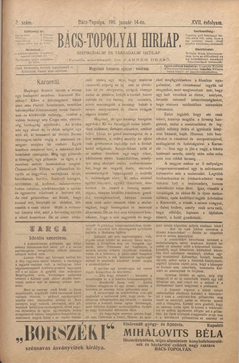 Bács-Topolyai Hirlap, 17. évf. 1912. január 14. 2. sz.