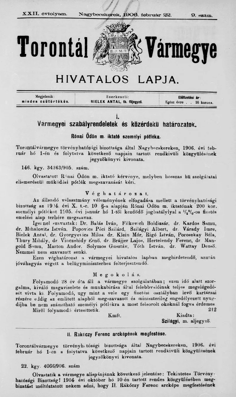 Torontál Vármegye Hivatalos Lapja, 22. évf. 1906. február 22. 9. sz.