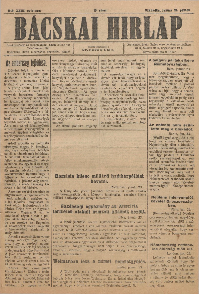 Bácskai Hirlap, 23. évf. 1919. június 24. 19. sz.