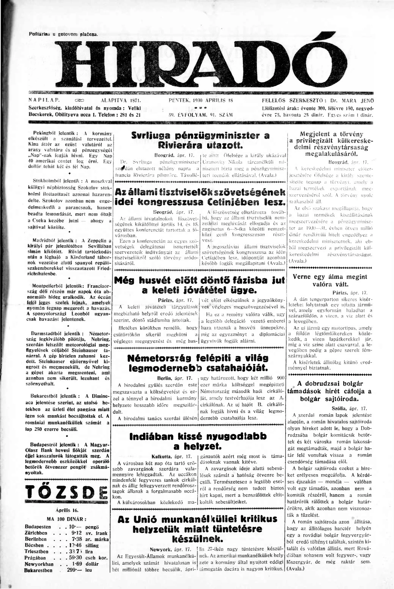 Híradó, 59. évf. 1930. április 18. 91. sz.