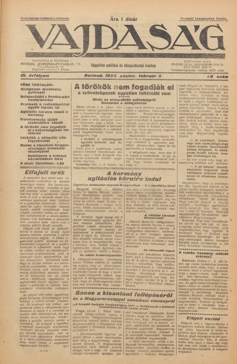 Vajdaság, 3. évf. 1923. február 2. 26. sz.