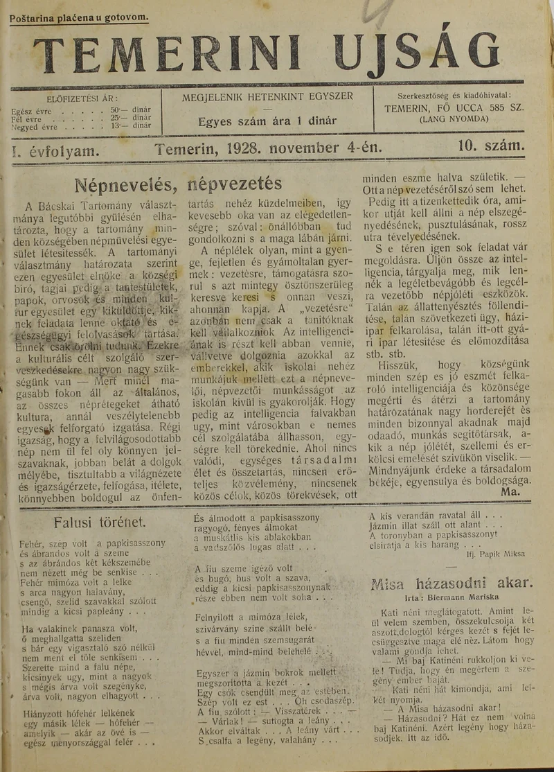 Temerini Újság 1928-1944, 1. évf. 1928. november 4. 10. sz.
