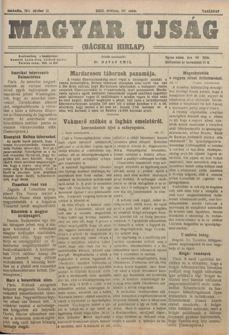 Bácskai Hirlap, 23. évf. 1919. október 12. 101. sz.