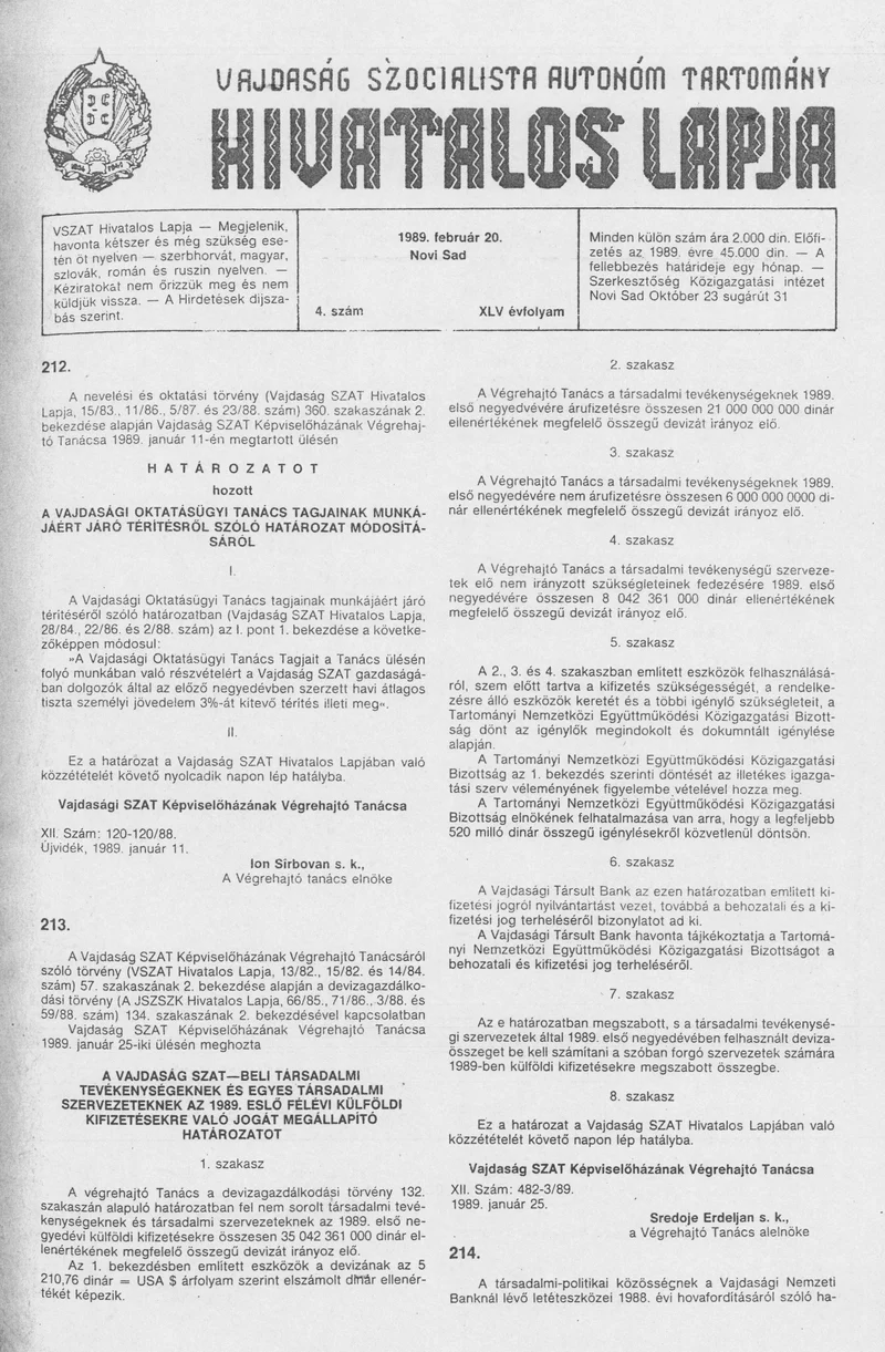 Vajdaság Szocialista Autonóm Tartomány Hivatalos Lapja, 45. évf. 1989. február 20. 4. sz.