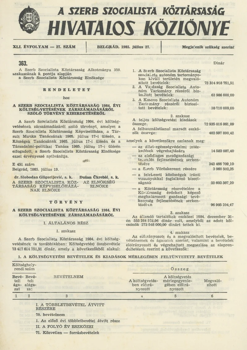 A Szerb Szocialista Köztársaság Hivatalos Közlönye, 41. évf. 1985. július 27. 27. sz.