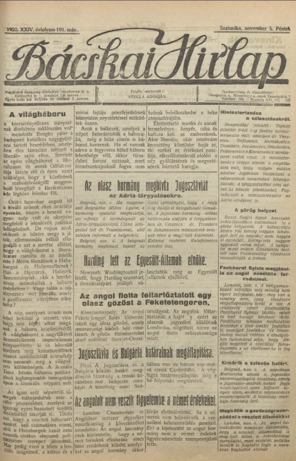 Bácskai Hirlap, 24. évf. 1920. november 5. 191. sz.