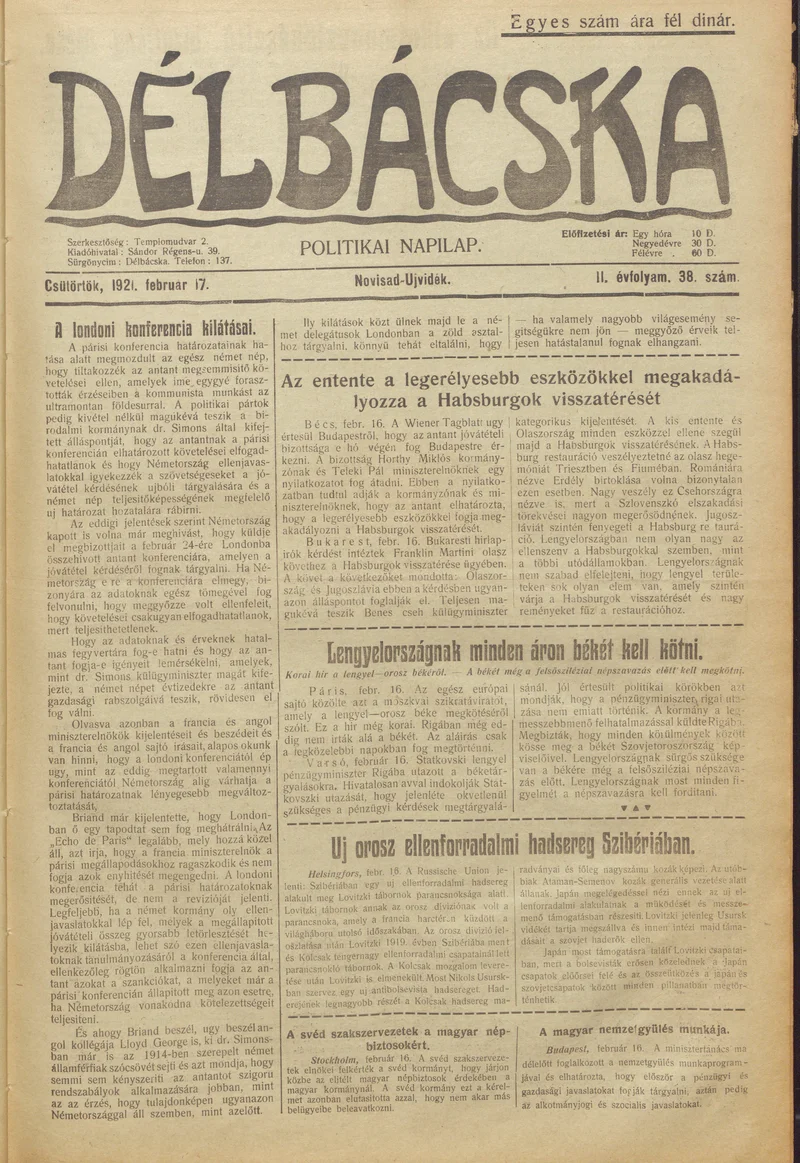 Délbácska, 2. évf. 1921. február 17. 38. sz.