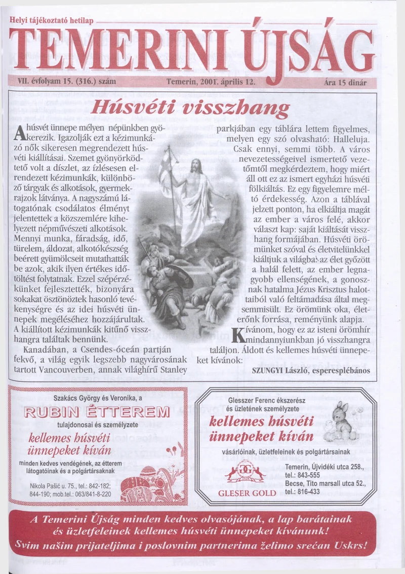 Temerini Újság, 7. évf. 2001. április 12. 15. sz.