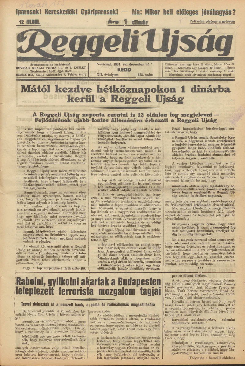 Reggeli Újság, 12. évf. 1931. december 1. 282. sz.