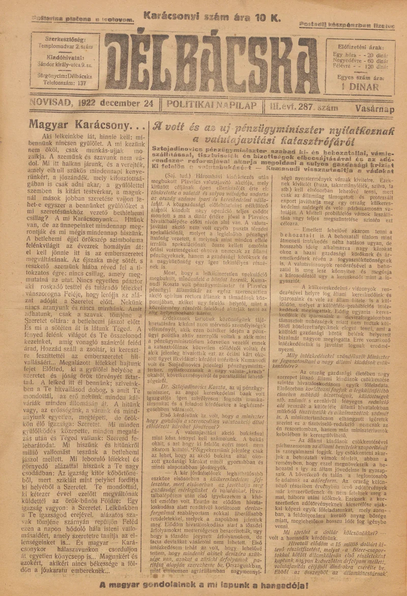 Délbácska, 3. évf. 1922. december 24. 287. sz.