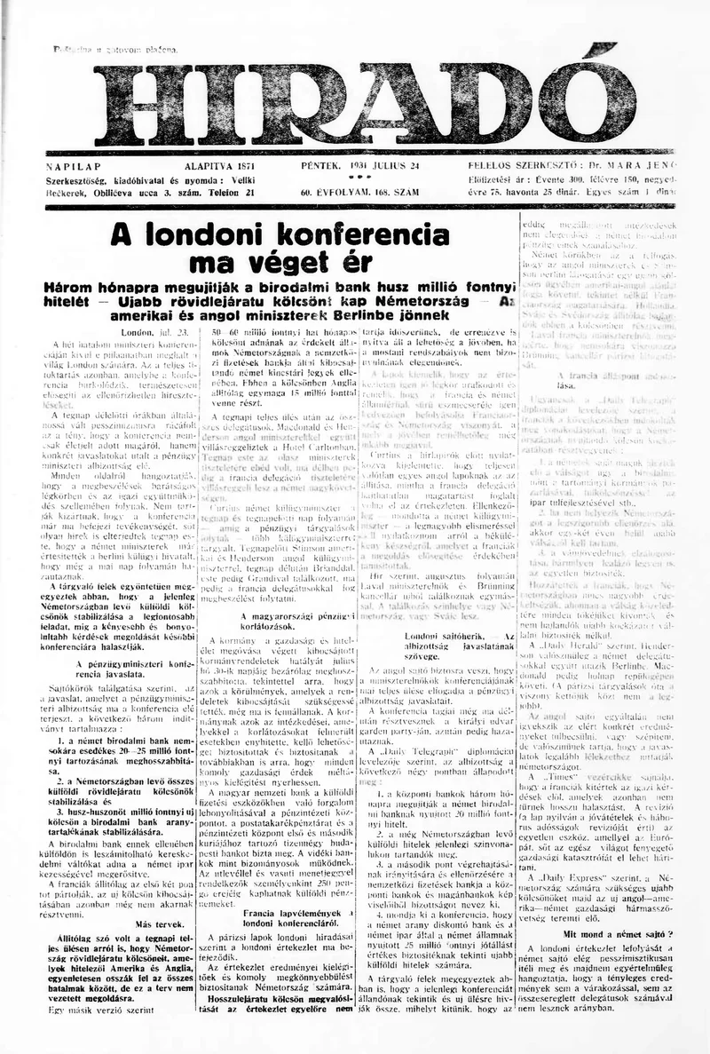 Híradó, 60. évf. 1931. július 24. 168. sz.